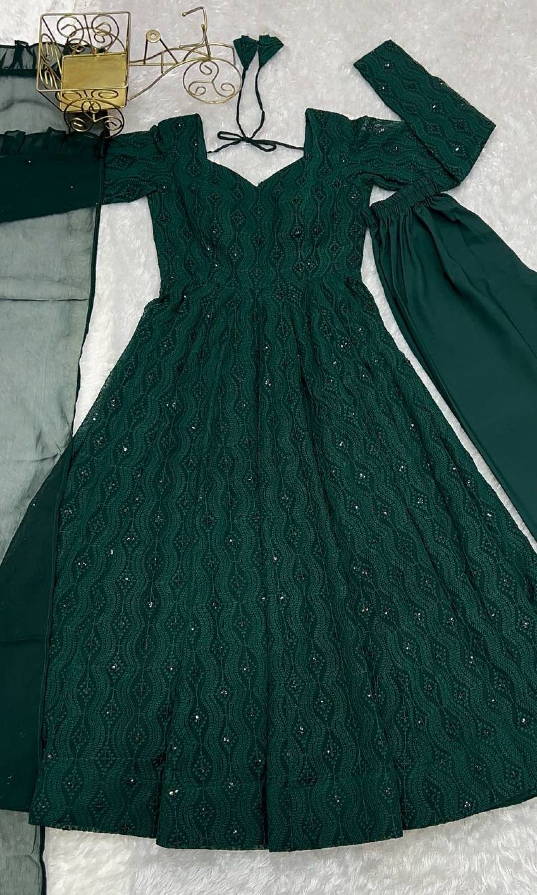 Bottle Green Fox Georgette Lucknowi Work Anarkali Gown with for Special dupatta detail