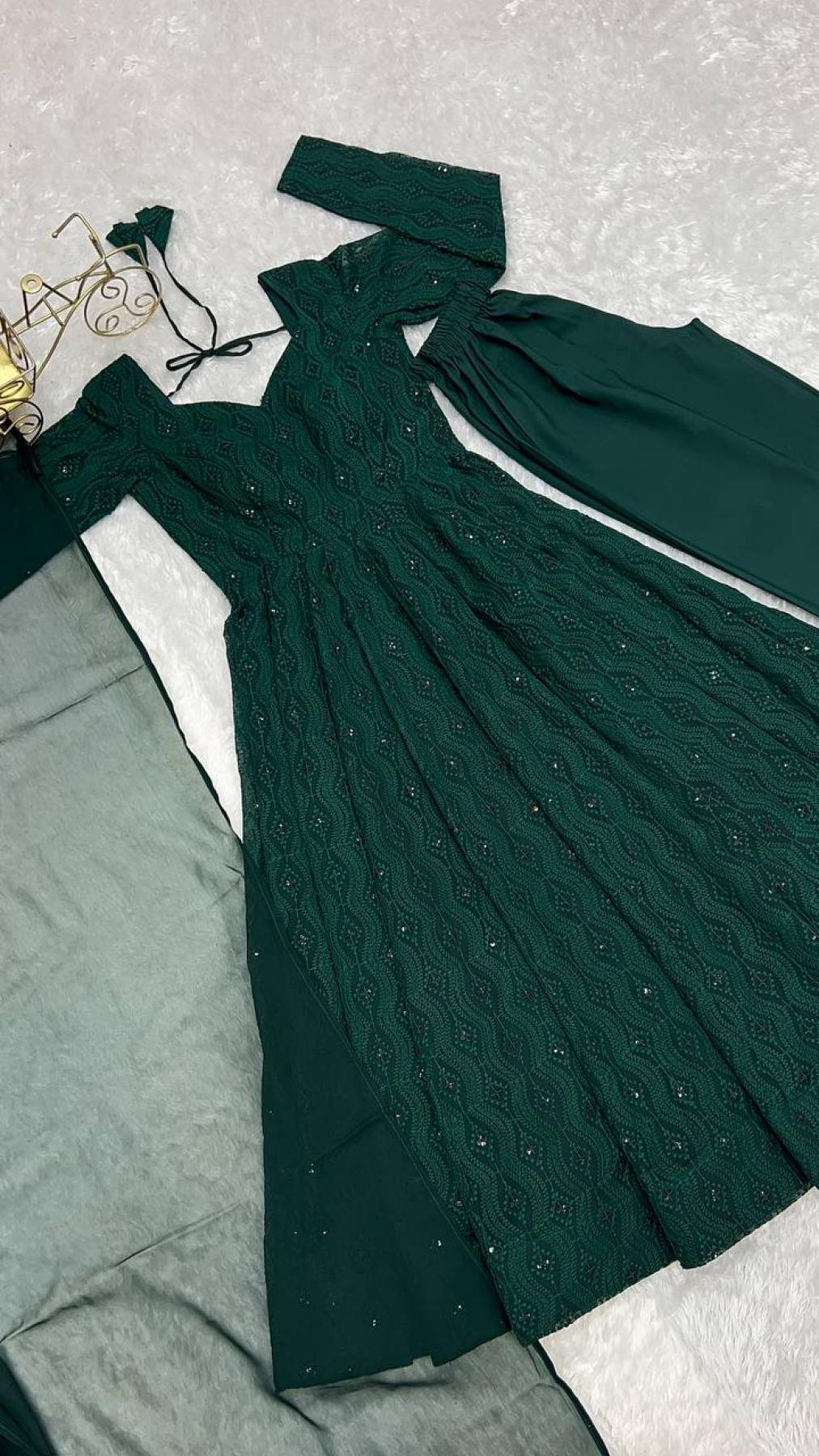 Bottle Green Fox Georgette Lucknowi Work Anarkali Gown with for Special fabric texture detail