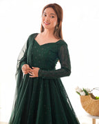 Bottle Green Fox Georgette Lucknowi Work Anarkali Gown with for Special dupatta detail
