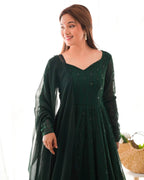 Bottle Green Fox Georgette Lucknowi Work Anarkali Gown with for Special embroidery close-up