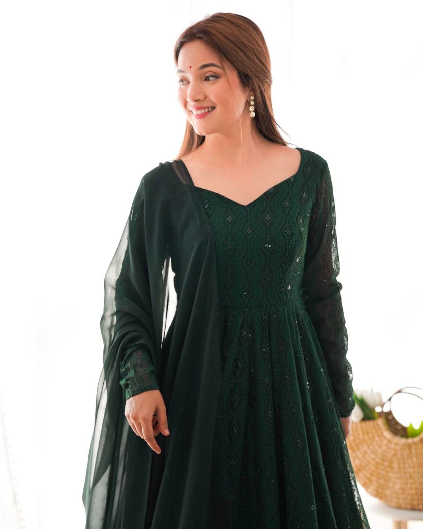 Bottle Green Fox Georgette Lucknowi Work Anarkali Gown with for Special embroidery close-up