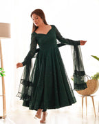 Bottle Green Fox Georgette Lucknowi Work Anarkali Gown with for Special fabric texture detail
