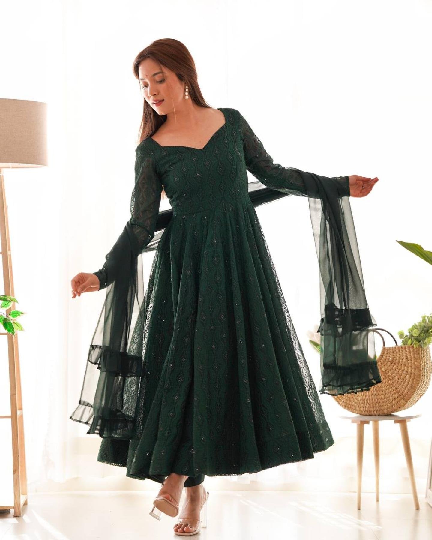 Bottle Green Fox Georgette Lucknowi Work Anarkali Gown with for Special fabric texture detail
