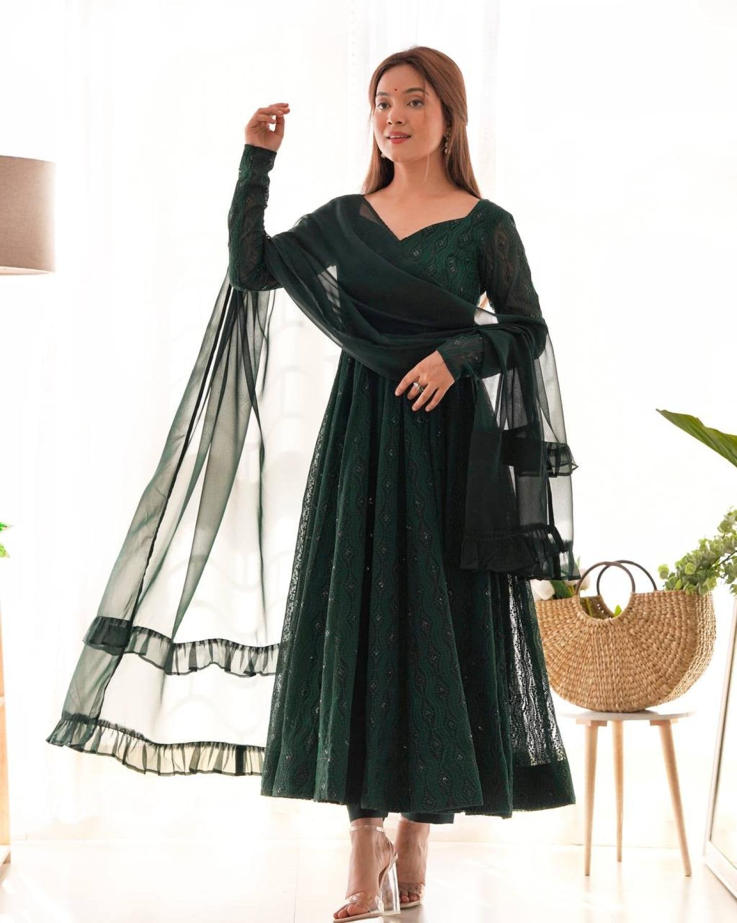 Bottle Green Fox Georgette Lucknowi Work Anarkali Gown with for Special back view