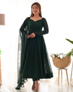 Bottle Green Fox Georgette Lucknowi Work Anarkali Gown with for Special styling view