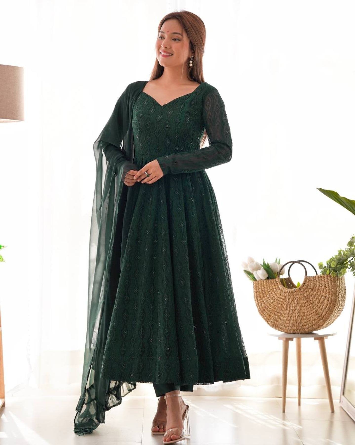 Bottle Green Fox Georgette Lucknowi Work Anarkali Gown with for Special detailed view