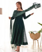 Bottle Green Fox Georgette Lucknowi Work Anarkali Gown with for Special front view