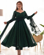Bottle Green Fox Georgette Lucknowi Work Anarkali Gown with for Special full set view