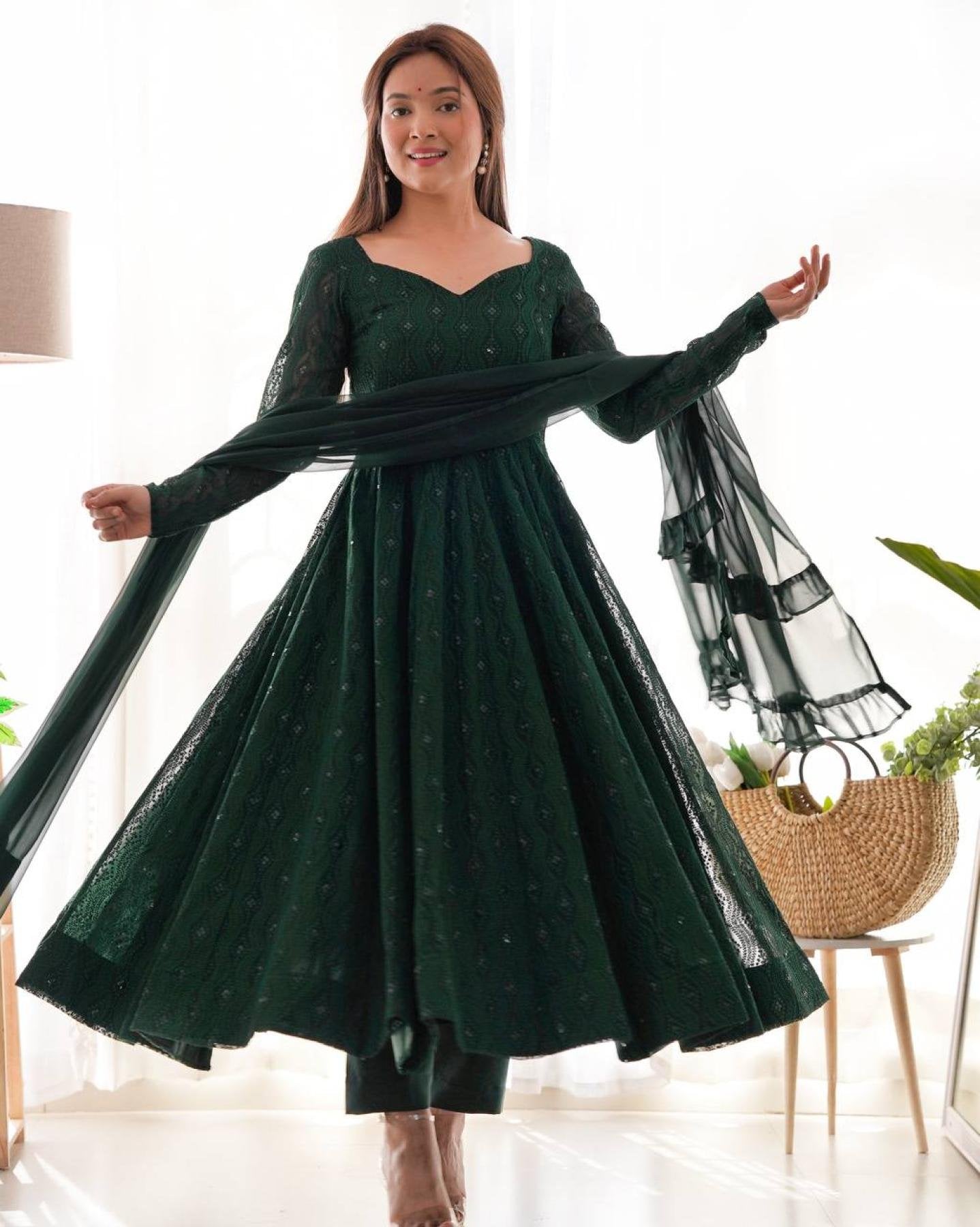 Bottle Green Fox Georgette Lucknowi Work Anarkali Gown with for Special full set view