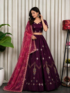 Purple Roman Silk Lehenga Choli with Multi Thread Embroidery Work for Wedding Wear full drape view