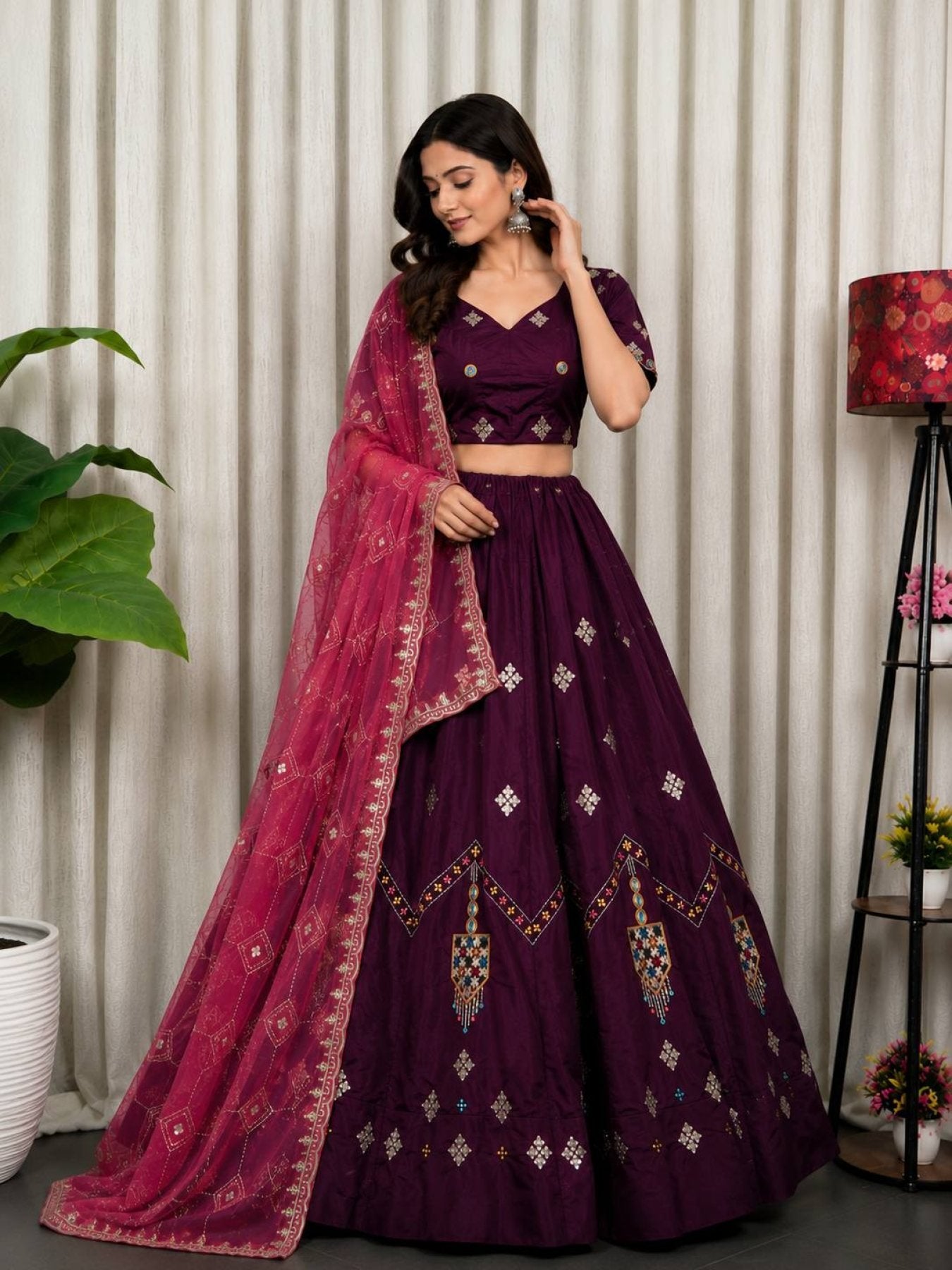 Purple Roman Silk Lehenga Choli with Multi Thread Embroidery Work for Wedding Wear full drape view