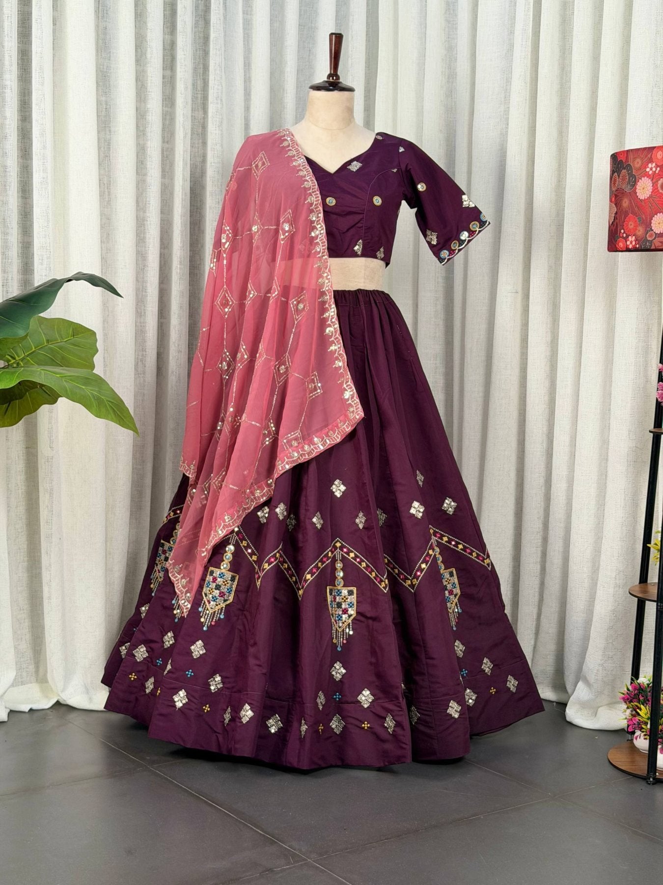 Purple Roman Silk Lehenga Choli with Multi Thread Embroidery Work for Wedding Wear full drape view