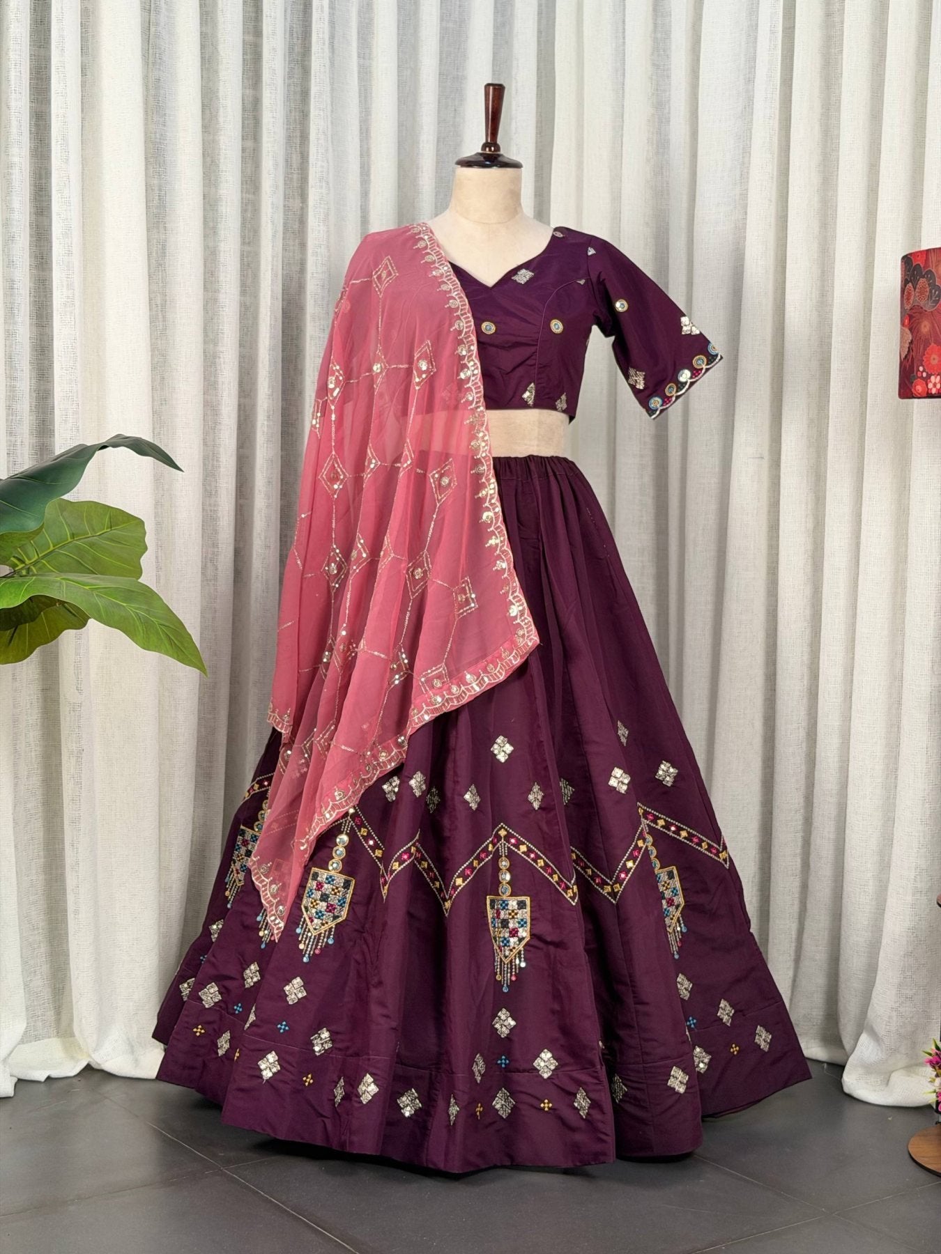 Purple Roman Silk Lehenga Choli with Multi Thread Embroidery Work for Wedding Wear blouse and dupatta detail