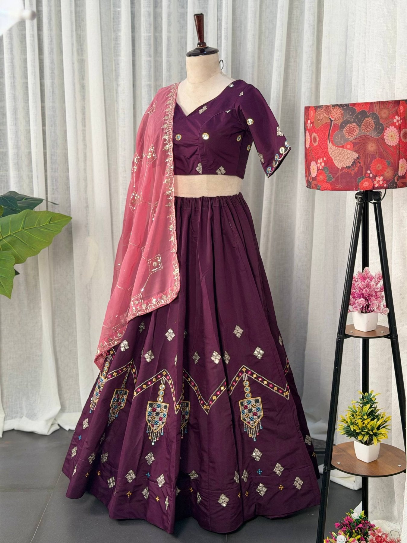 Purple Roman Silk Lehenga Choli with Multi Thread Embroidery Work for Wedding Wear detailed view