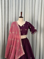 Purple Roman Silk Lehenga Choli with Multi Thread Embroidery Work for Wedding Wear fabric texture detail