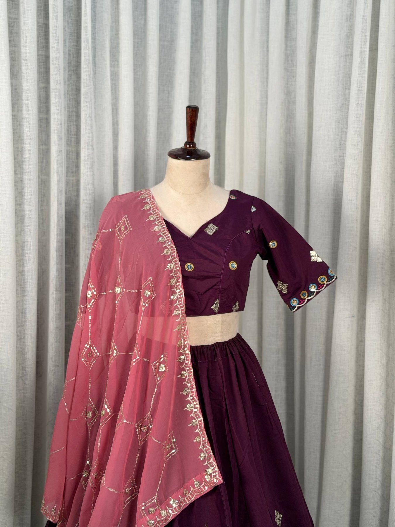Purple Roman Silk Lehenga Choli with Multi Thread Embroidery Work for Wedding Wear fabric texture detail
