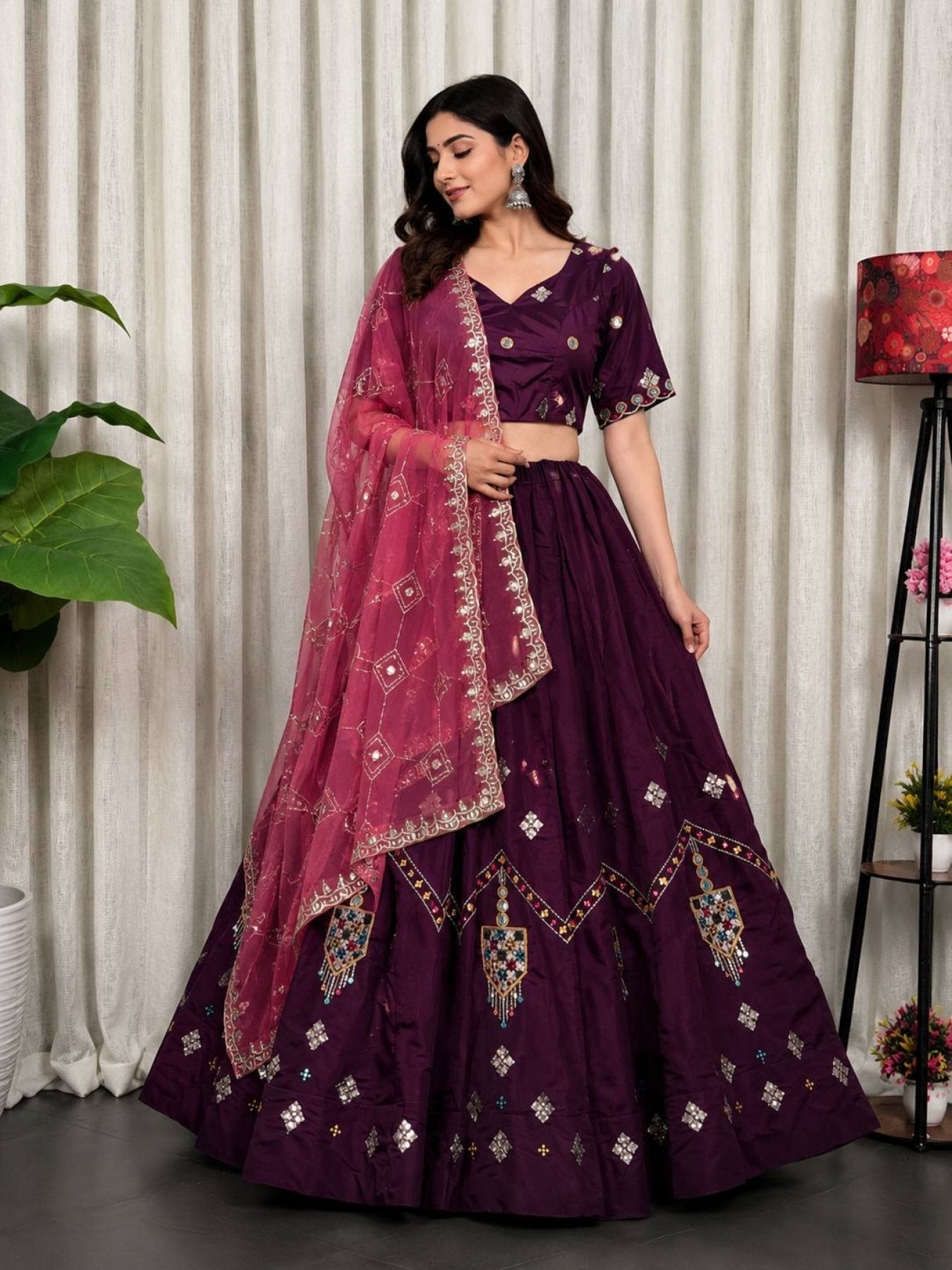 Purple Roman Silk Lehenga Choli with Multi Thread Embroidery Work for Wedding Wear back view