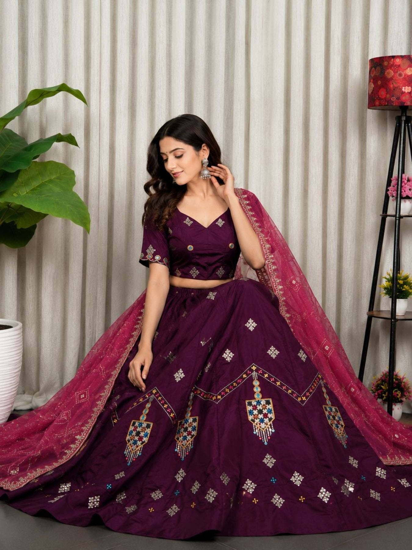 Purple Roman Silk Lehenga Choli with Multi Thread Embroidery Work for Wedding Wear styling view