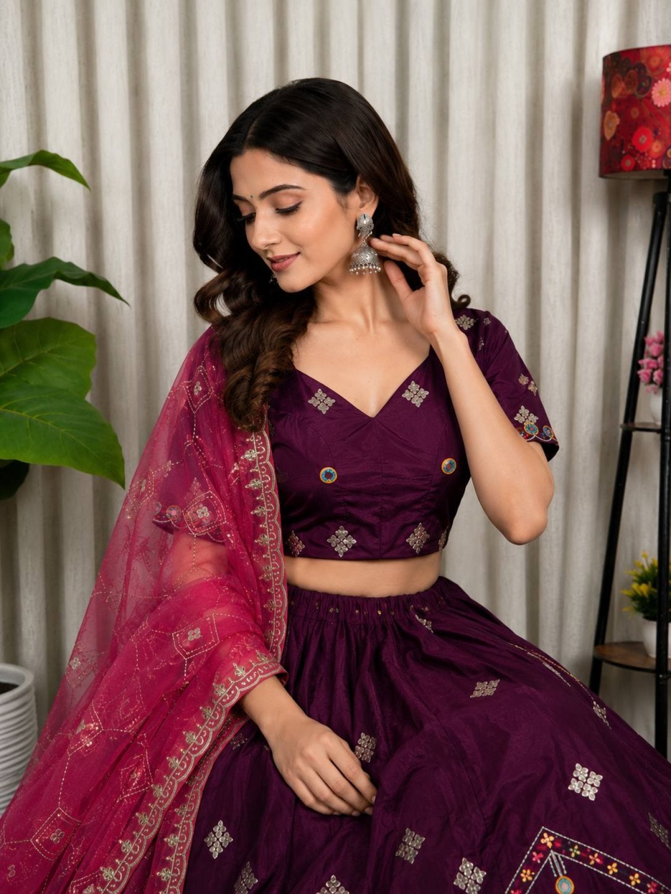 Purple Roman Silk Lehenga Choli with Multi Thread Embroidery Work for Wedding Wear colour variant view