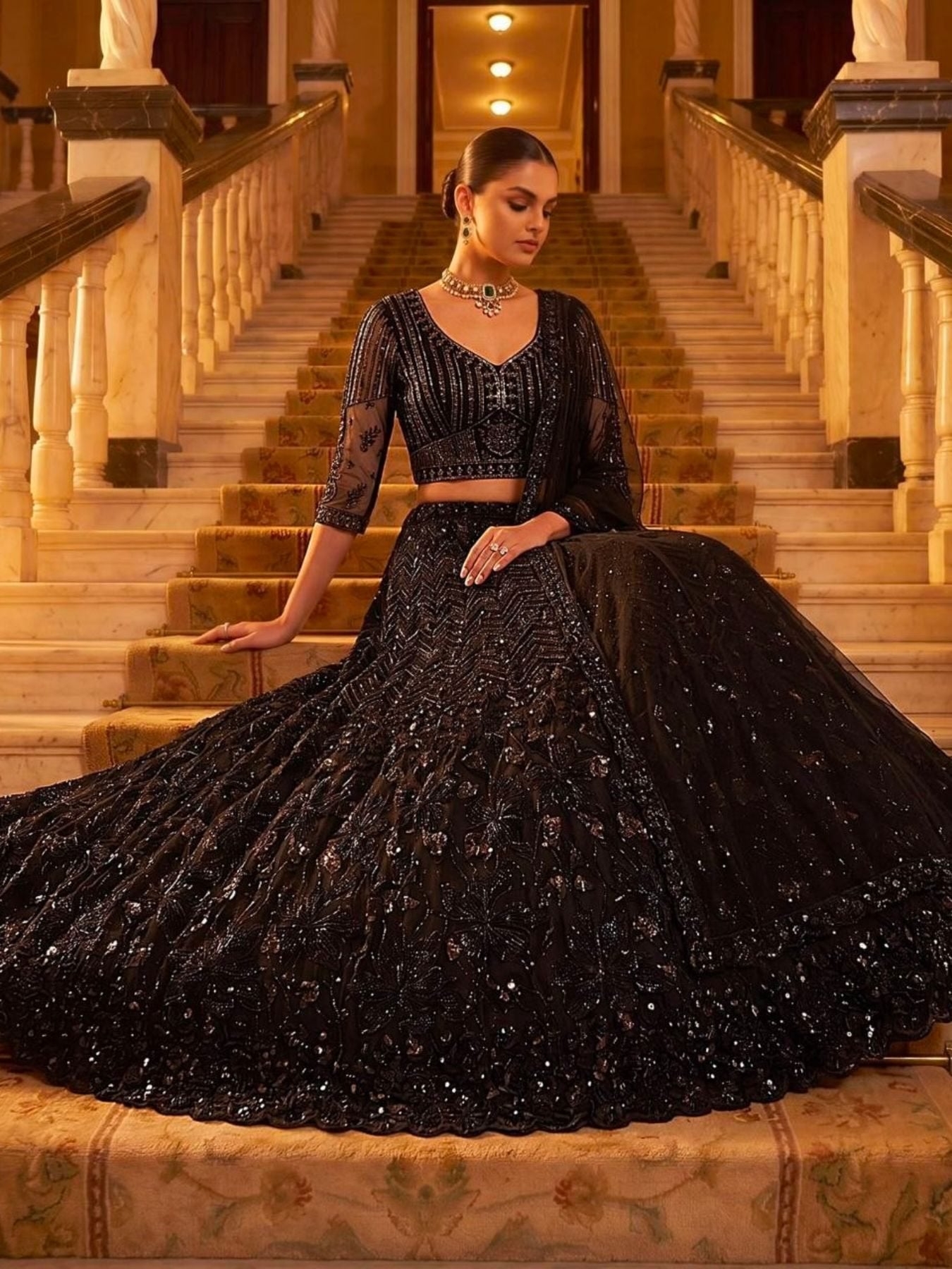 Black Lehenga Choli Set with Monochrome Sequins for Wedding Wear full drape view