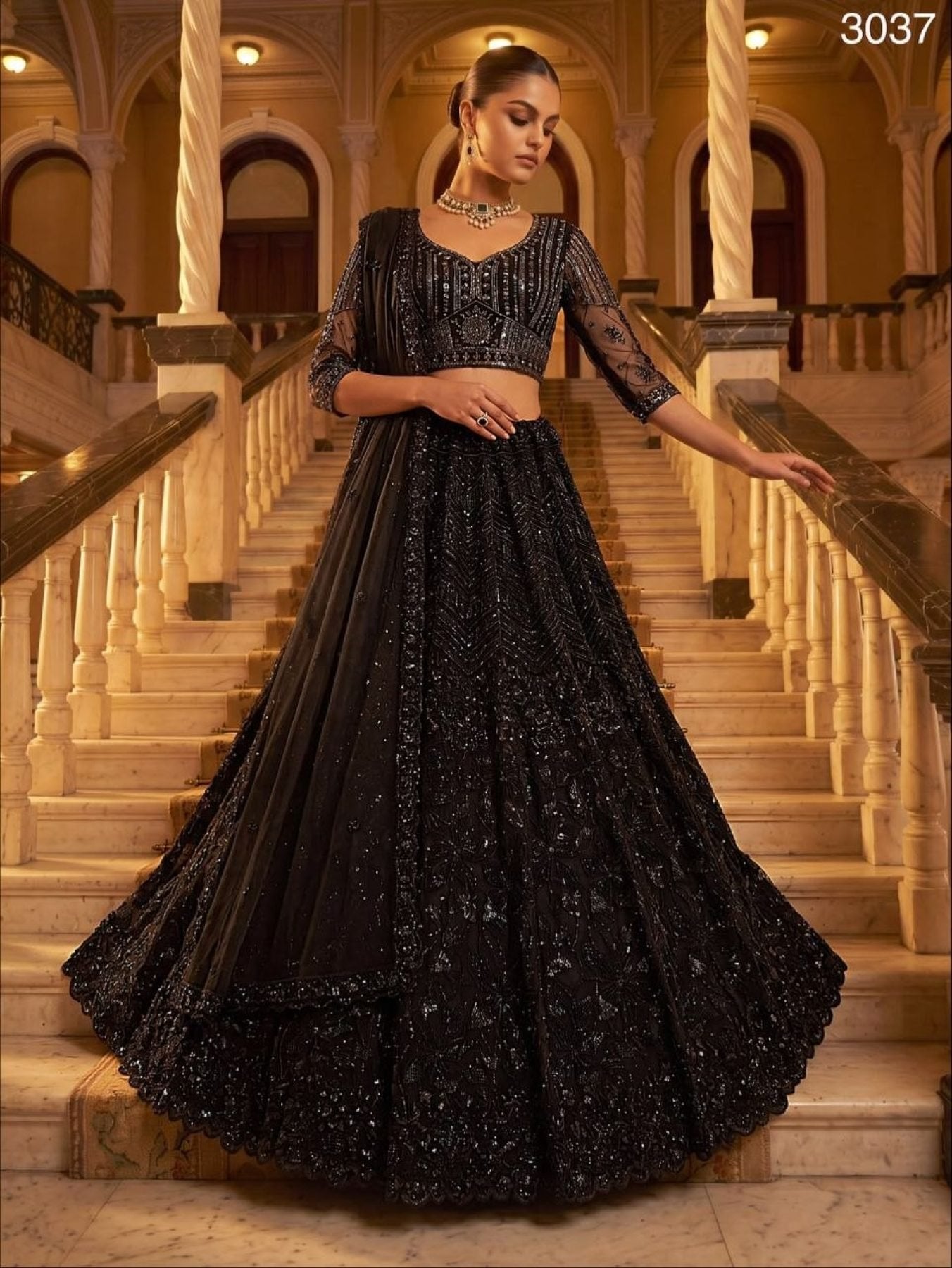 Black Lehenga Choli Set with Monochrome Sequins for Wedding Wear fabric texture detail
