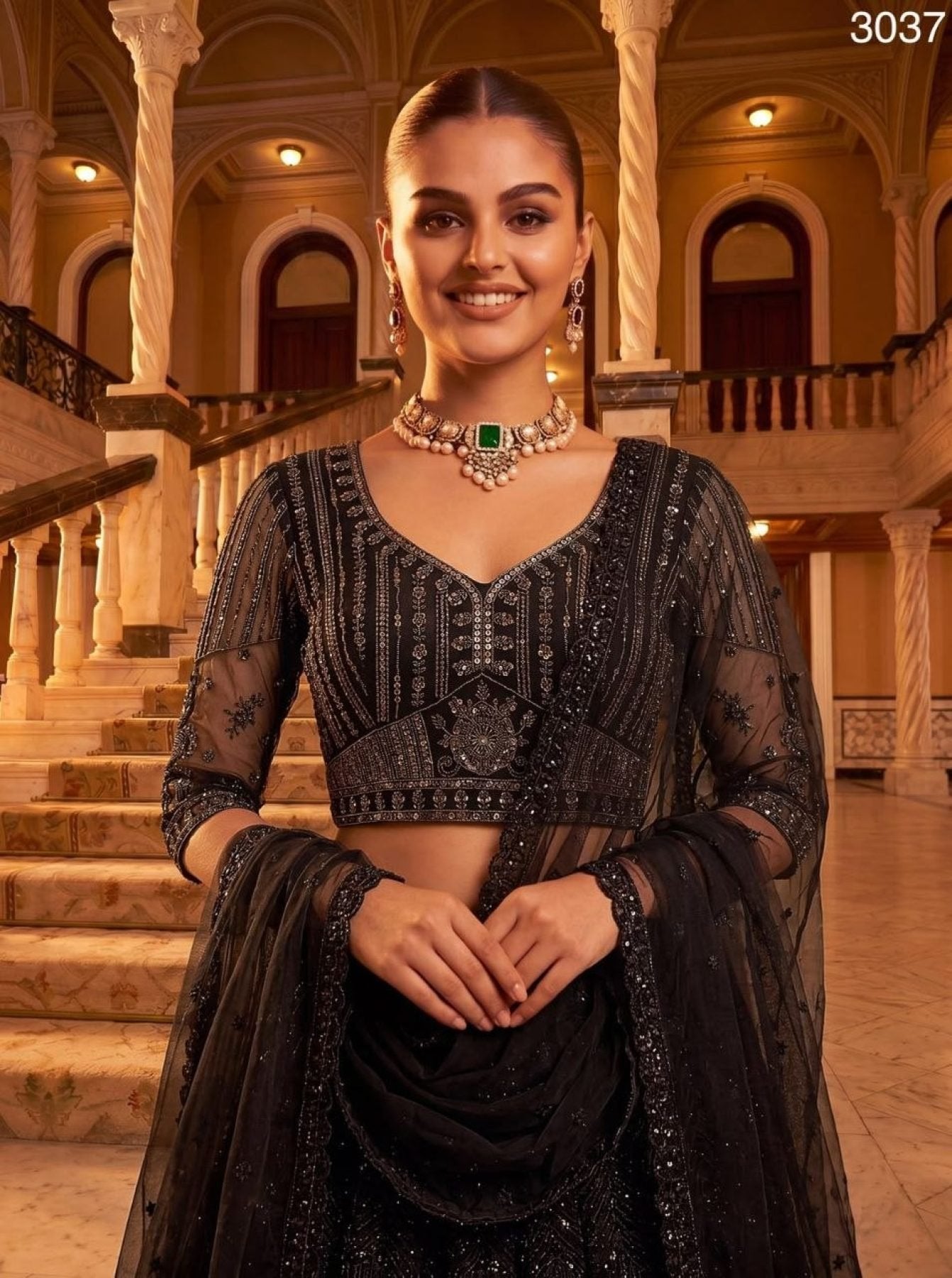 Black Lehenga Choli Set with Monochrome Sequins for Wedding Wear styling view