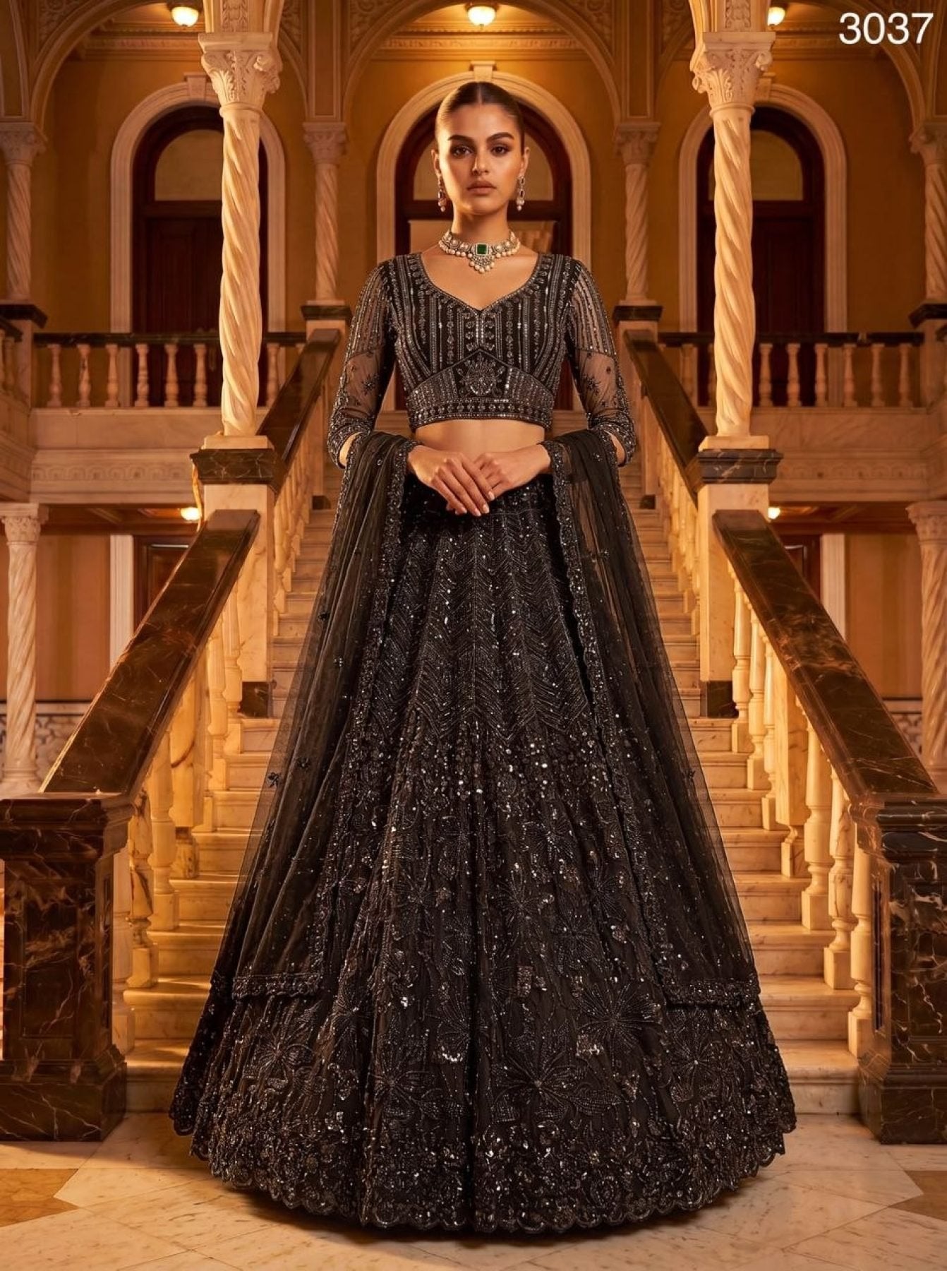 Black Lehenga Choli Set with Monochrome Sequins for Wedding Wear colour variant view
