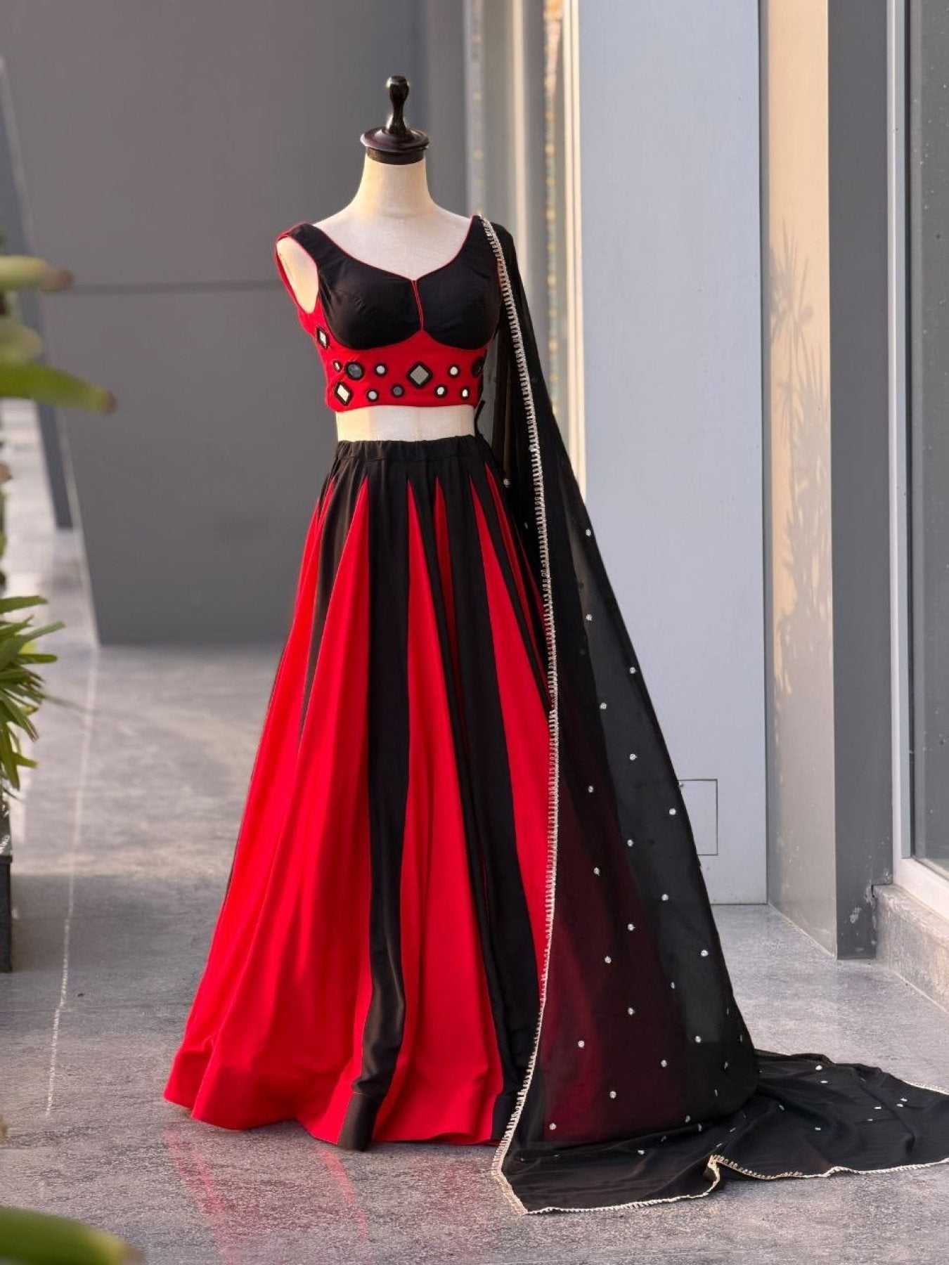 Black Cotton Lehenga Choli with Real Mirror Work Blouse For Navarati Collec detailed view