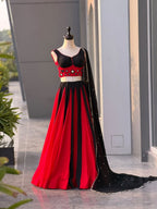 Black Cotton Lehenga Choli with Real Mirror Work Blouse For Navarati Collec embroidery close-up