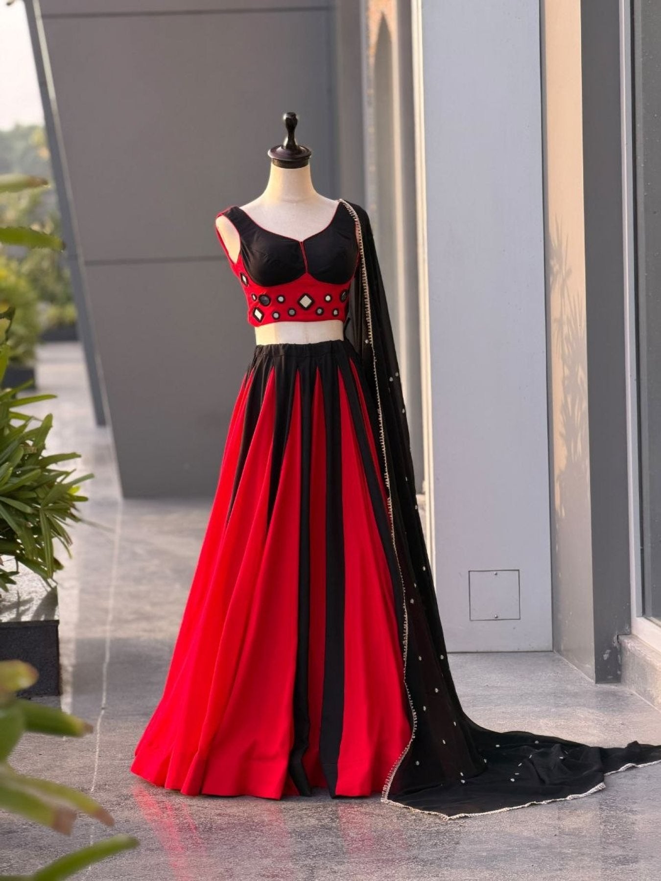 Black Cotton Lehenga Choli with Real Mirror Work Blouse For Navarati Collec embroidery close-up
