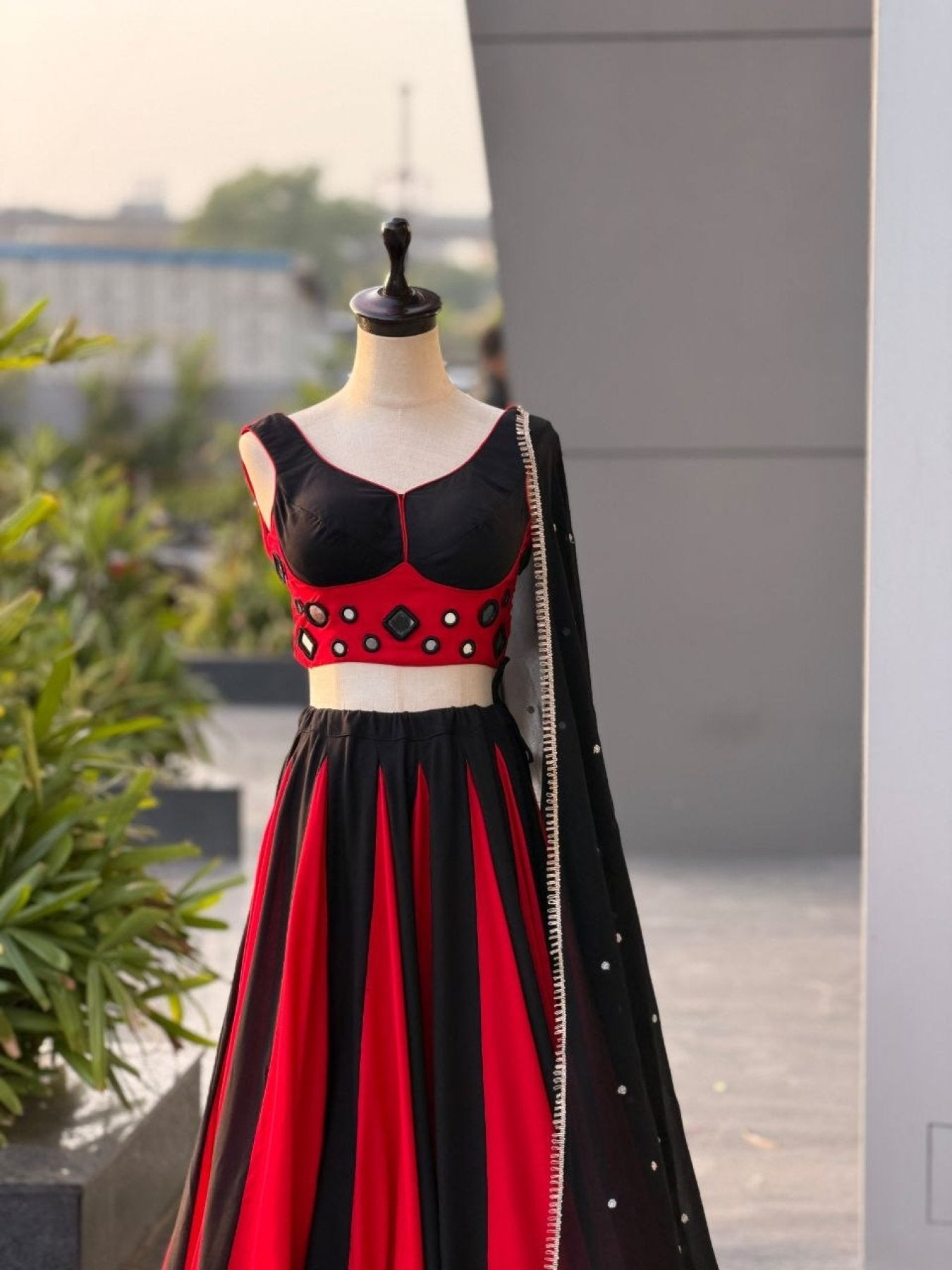 Black Cotton Lehenga Choli with Real Mirror Work Blouse For Navarati Collec fabric texture detail