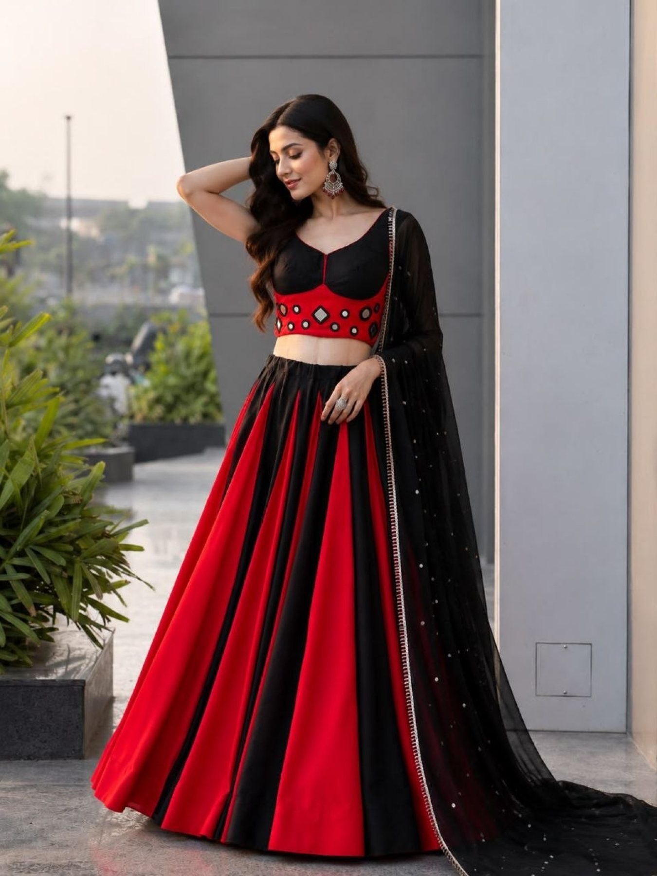 Black Cotton Lehenga Choli with Real Mirror Work Blouse For Navarati Collec embroidery close-up