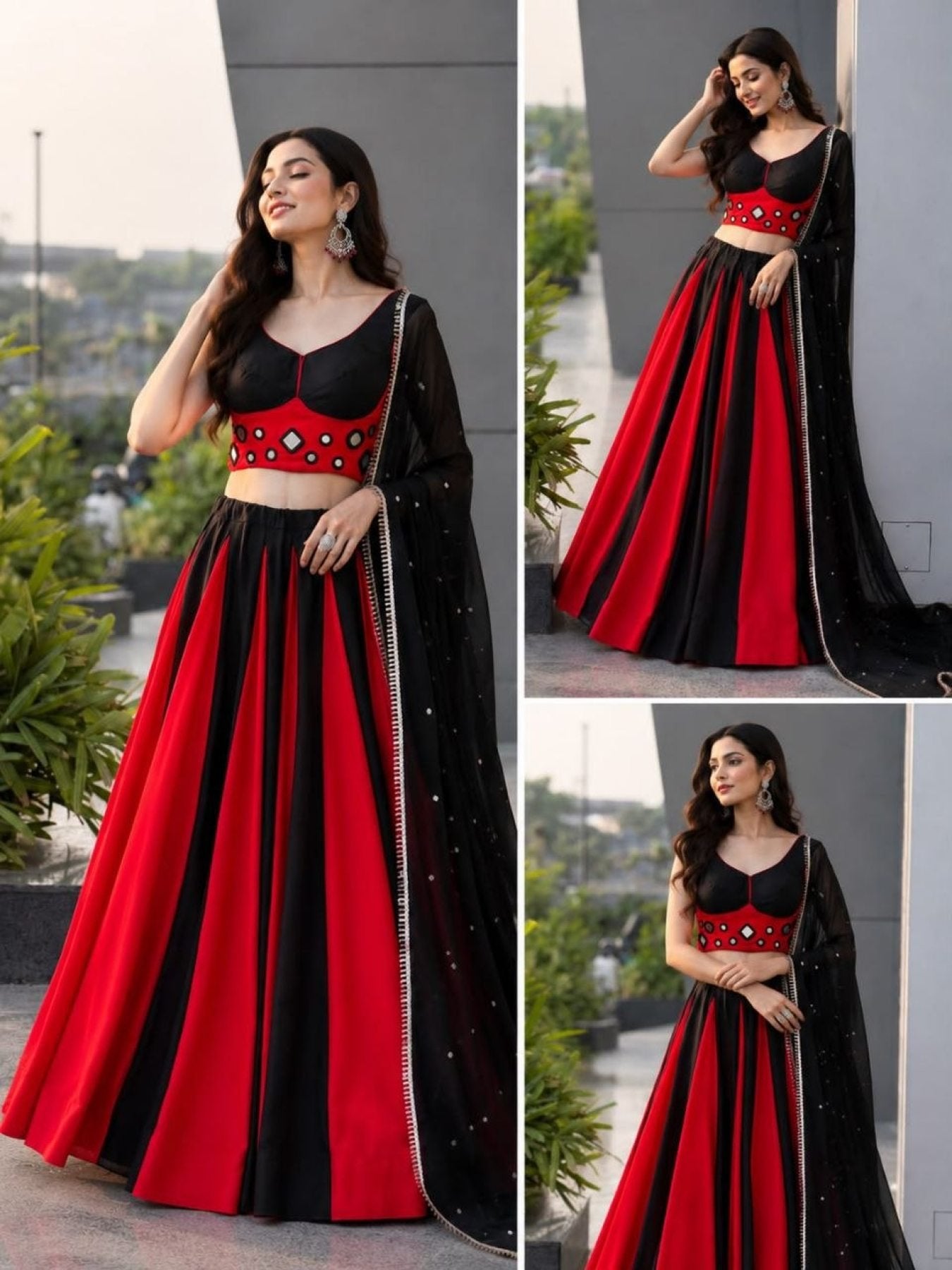 Black Cotton Lehenga Choli with Real Mirror Work Blouse For Navarati Collec fabric texture detail