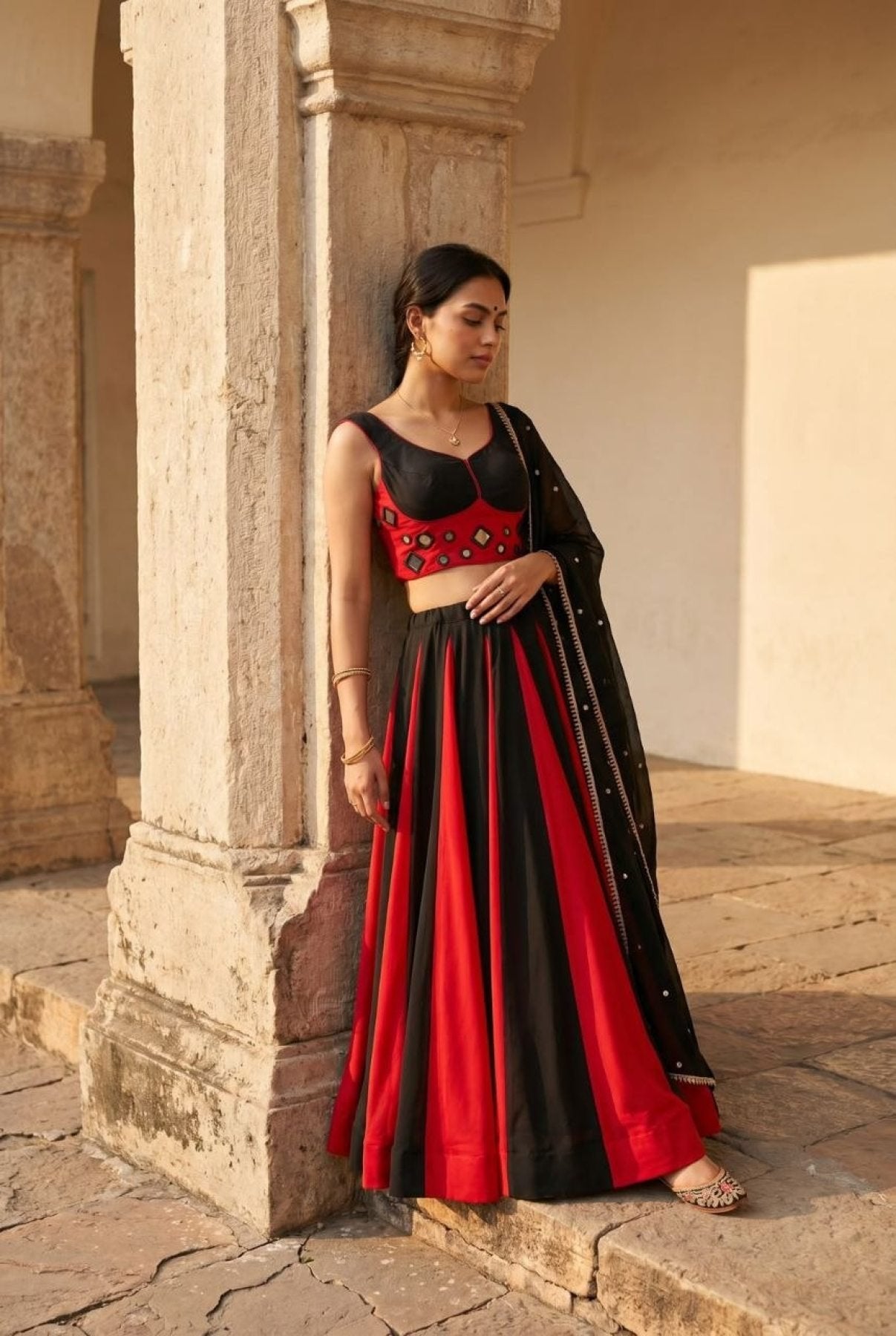 Black Cotton Lehenga Choli with Real Mirror Work Blouse For Navarati Collec back view