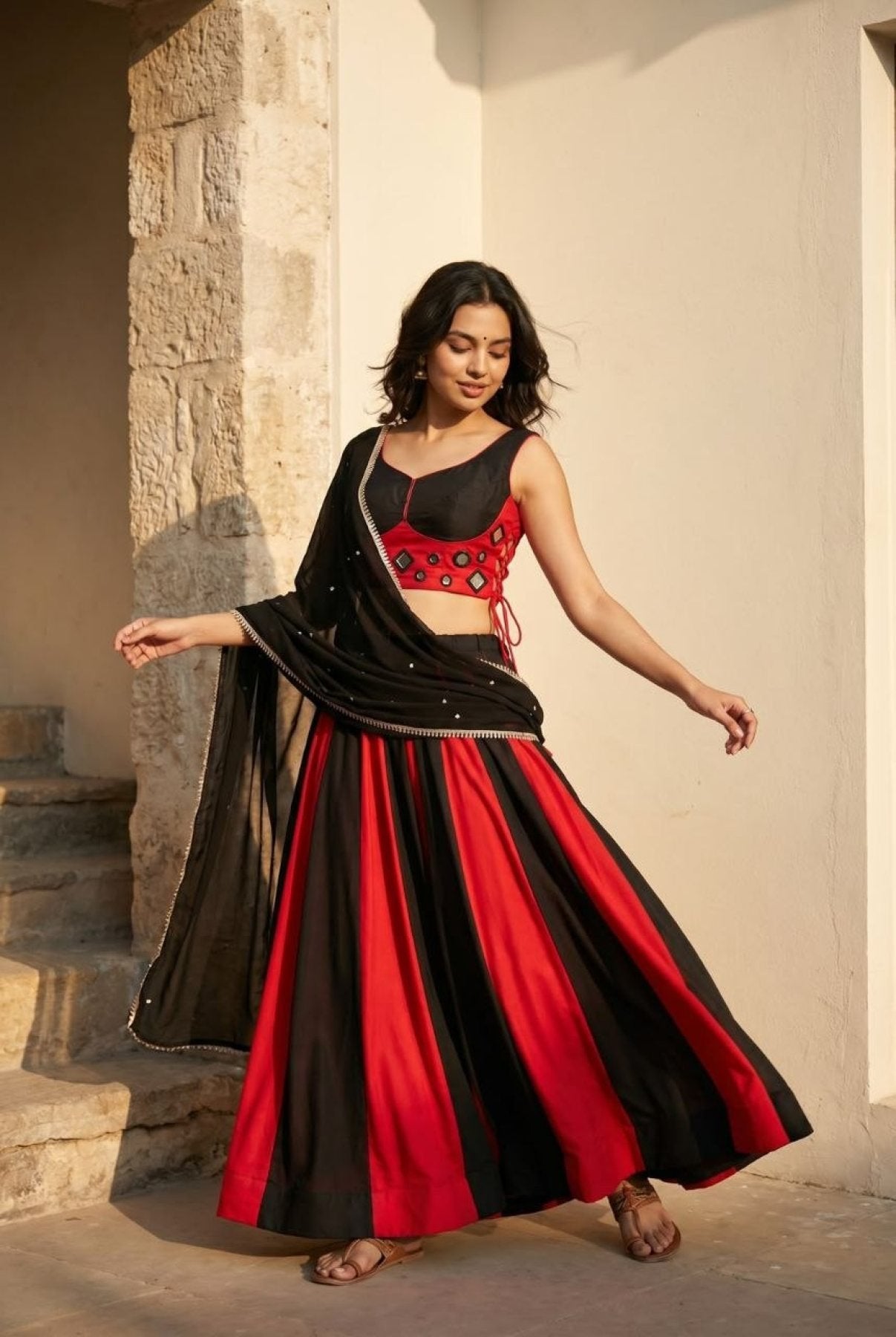 Black Cotton Lehenga Choli with Real Mirror Work Blouse For Navarati Collec colour variant view