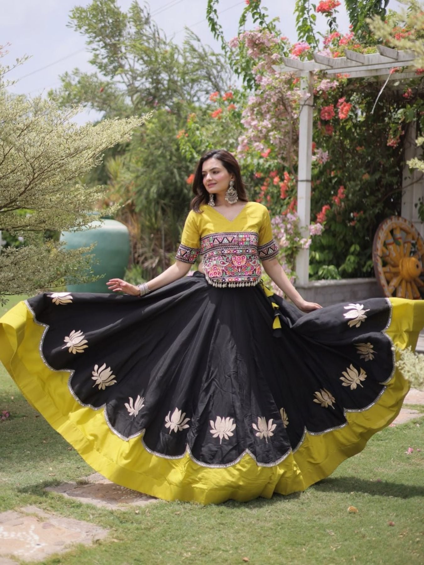 Roman Fabric Navratri Lehenga Choli with Kutchi Gamthi Embroidery Work styling view
