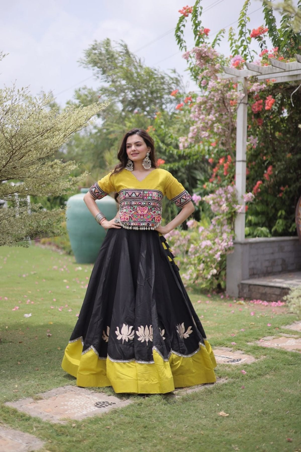 Roman Fabric Navratri Lehenga Choli with Kutchi Gamthi Embroidery Work colour variant view