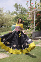 Roman Fabric Navratri Lehenga Choli with Kutchi Gamthi Embroidery Work front view