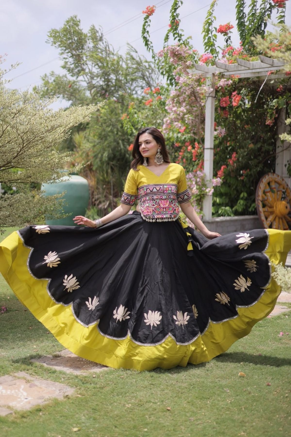 Roman Fabric Navratri Lehenga Choli with Kutchi Gamthi Embroidery Work full drape view