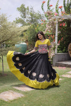 Roman Fabric Navratri Lehenga Choli with Kutchi Gamthi Embroidery Work blouse and dupatta detail