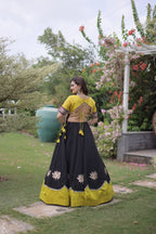 Roman Fabric Navratri Lehenga Choli with Kutchi Gamthi Embroidery Work detailed view