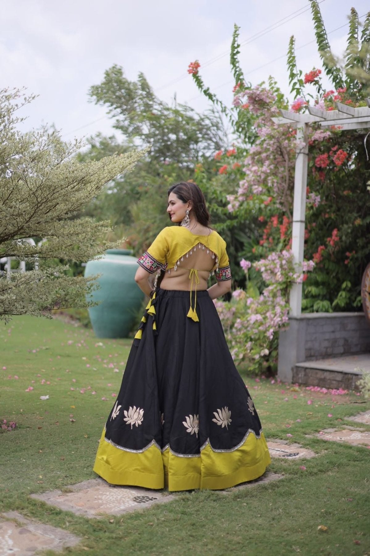 Roman Fabric Navratri Lehenga Choli with Kutchi Gamthi Embroidery Work detailed view