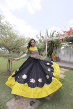 Roman Fabric Navratri Lehenga Choli with Kutchi Gamthi Embroidery Work detailed view
