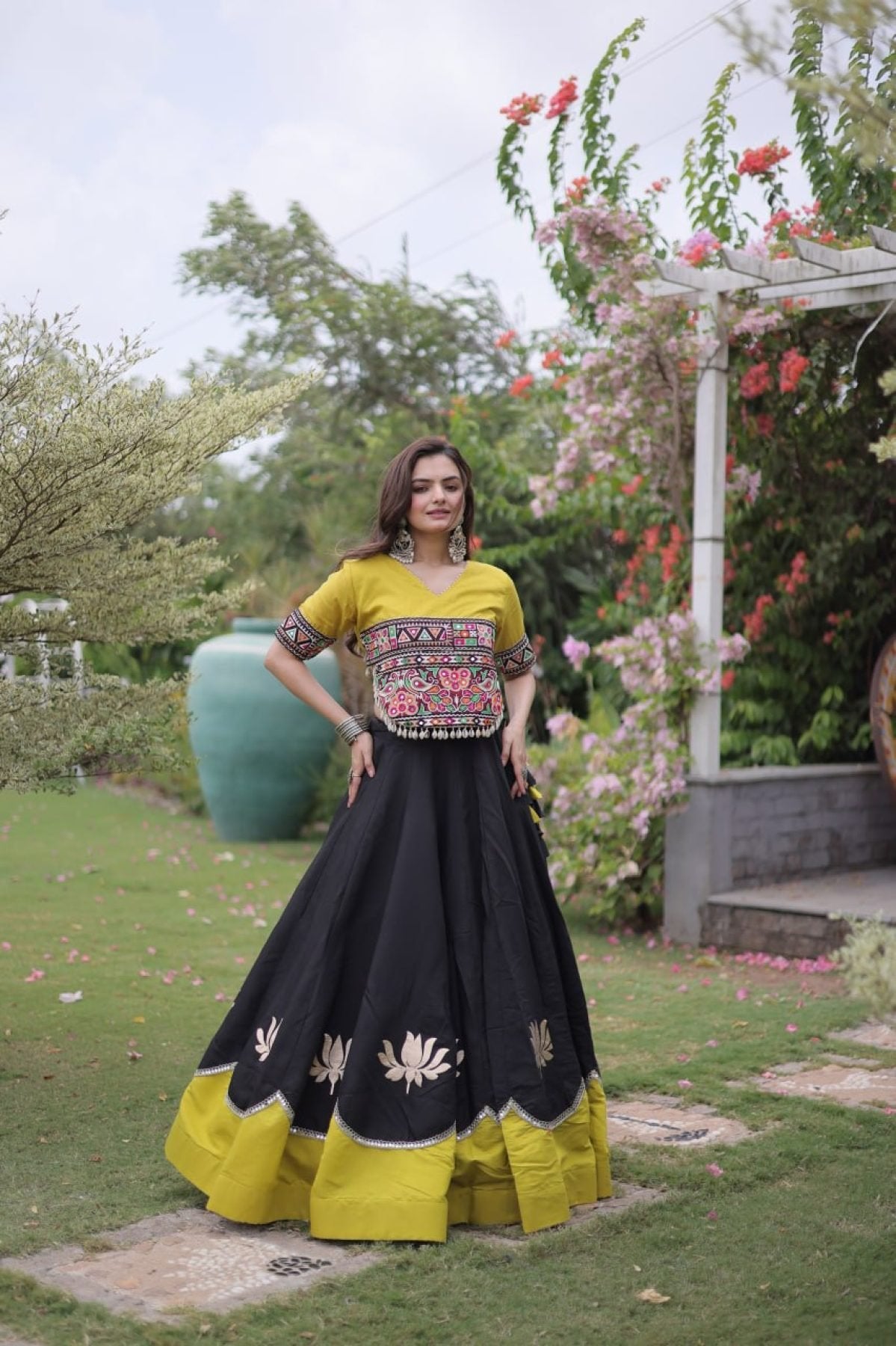Roman Fabric Navratri Lehenga Choli with Kutchi Gamthi Embroidery Work front view