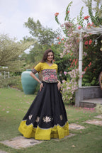 Roman Fabric Navratri Lehenga Choli with Kutchi Gamthi Embroidery Work full drape view