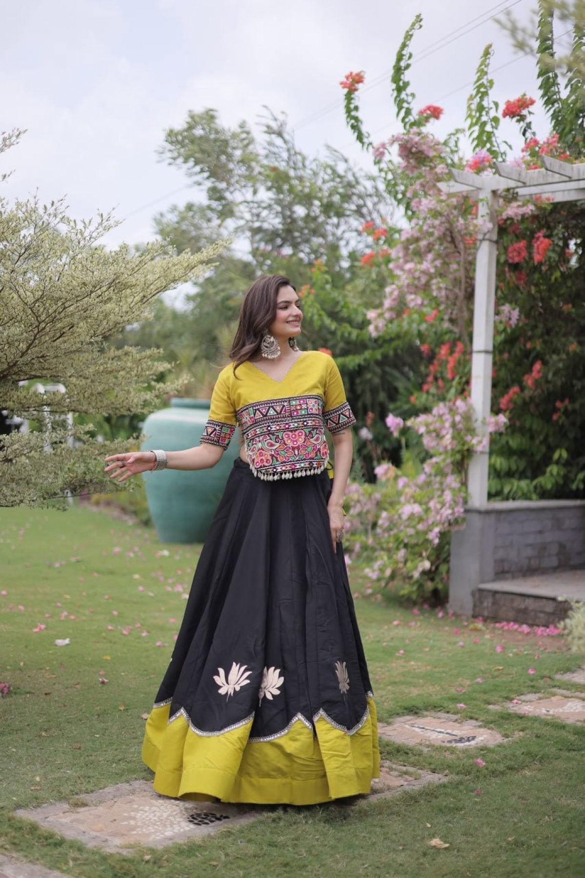 Roman Fabric Navratri Lehenga Choli with Kutchi Gamthi Embroidery Work blouse and dupatta detail