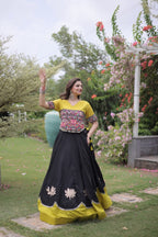 Roman Fabric Navratri Lehenga Choli with Kutchi Gamthi Embroidery Work detailed view