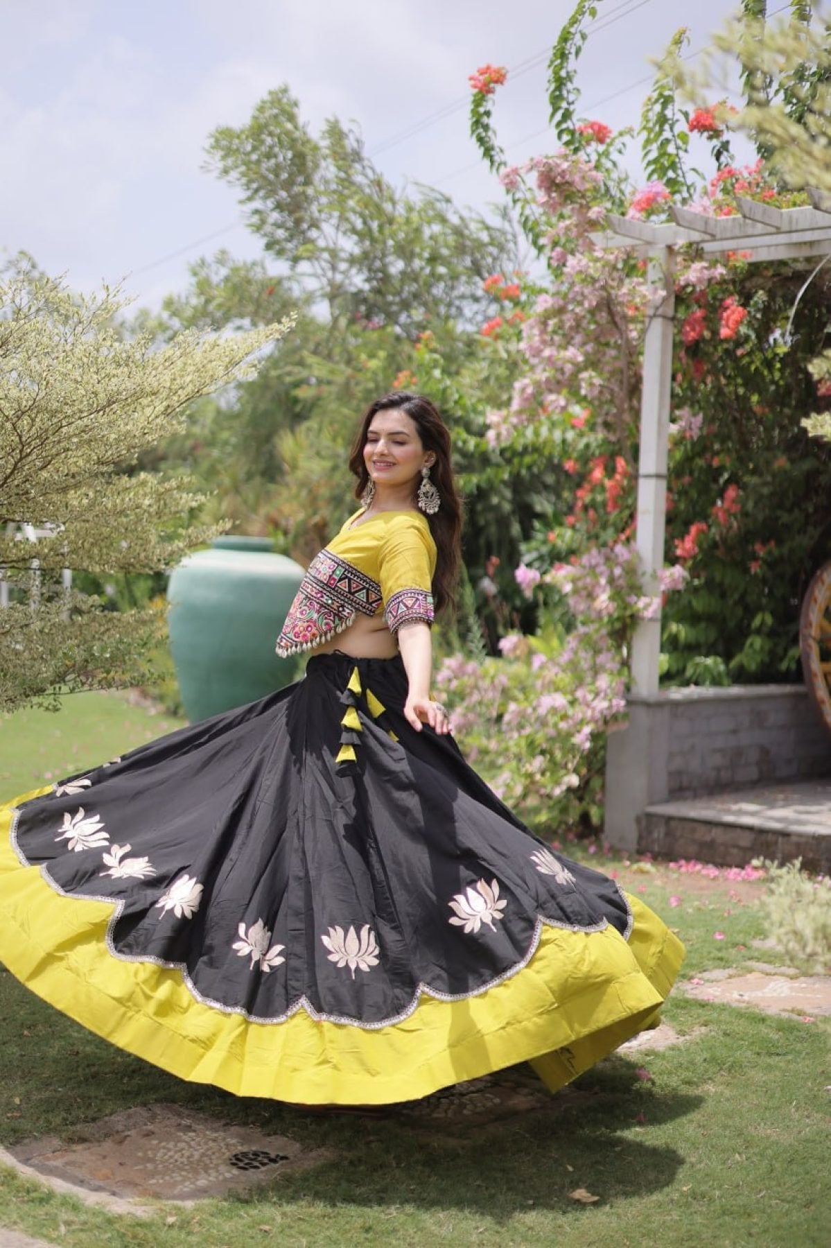 Roman Fabric Navratri Lehenga Choli with Kutchi Gamthi Embroidery Work detailed view
