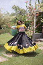 Roman Fabric Navratri Lehenga Choli with Kutchi Gamthi Embroidery Work styling view