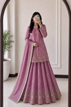 Mauve Embroidered Fandy Silk Outfit for Festive Wear Lehenga blouse and dupatta detail